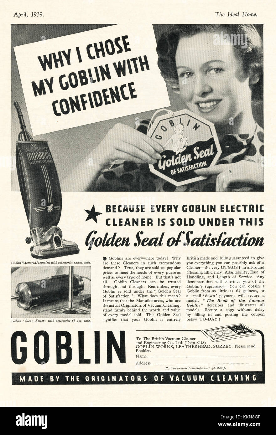 1939 UK Magazine Goblin Hoover Advert Stock Photo Alamy