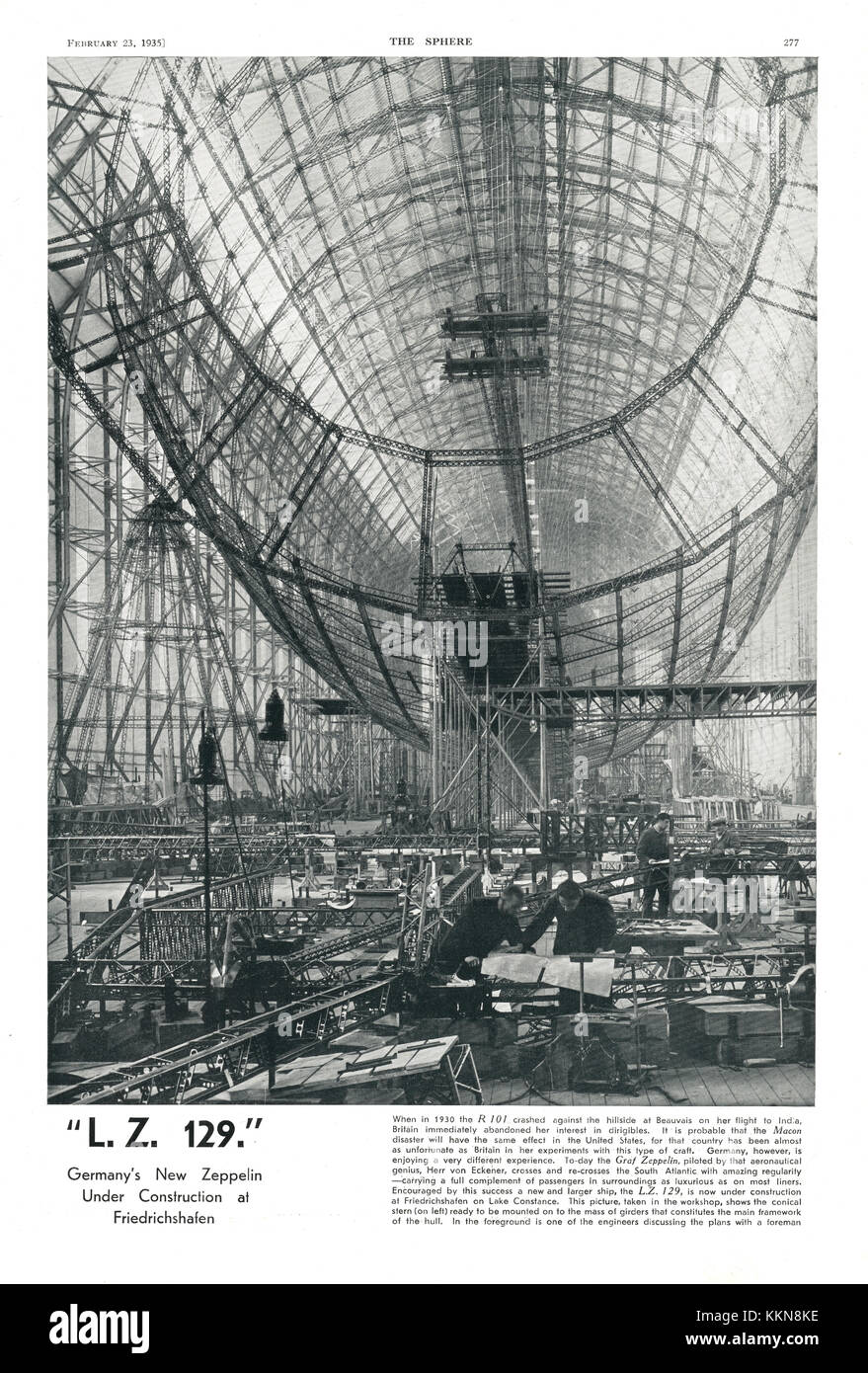1935 The Sphere Zeppelin 'Hindenburg' under construction at Friedrichshafen Stock Photo