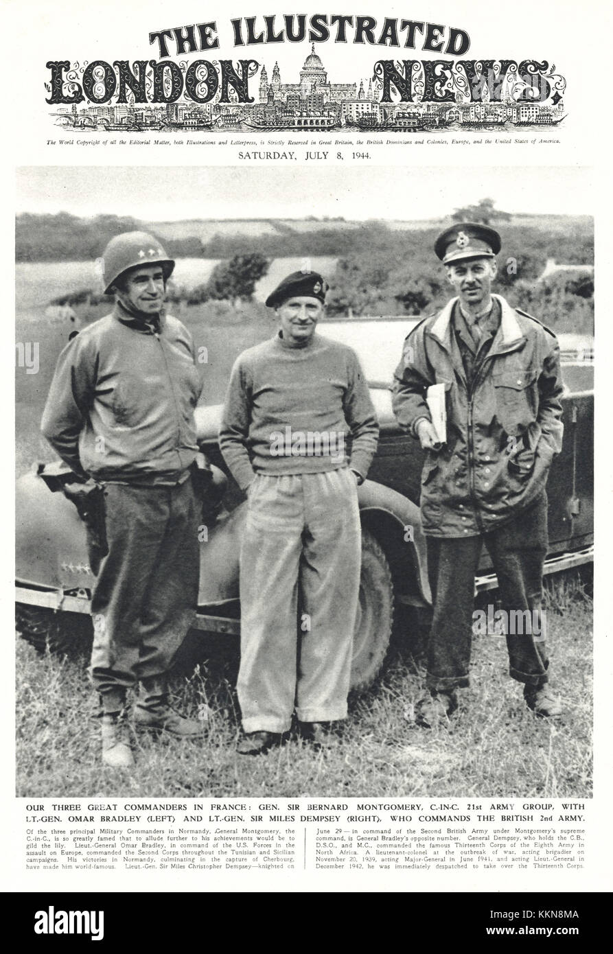 1944 Illustrated London News Field Marshal Montgomery with US General Omar Bradley & General Sir Miles Dempsey Stock Photo