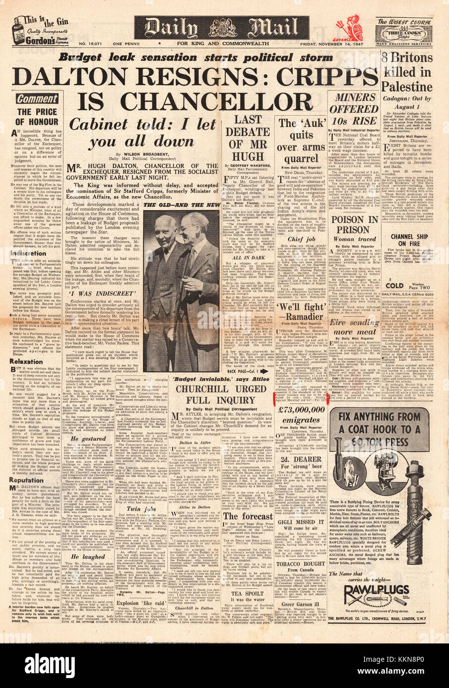 1947 Daily Mail Chancellor of the Exchequer Hugh Dalton Resigns over Budget Leak Stock Photo