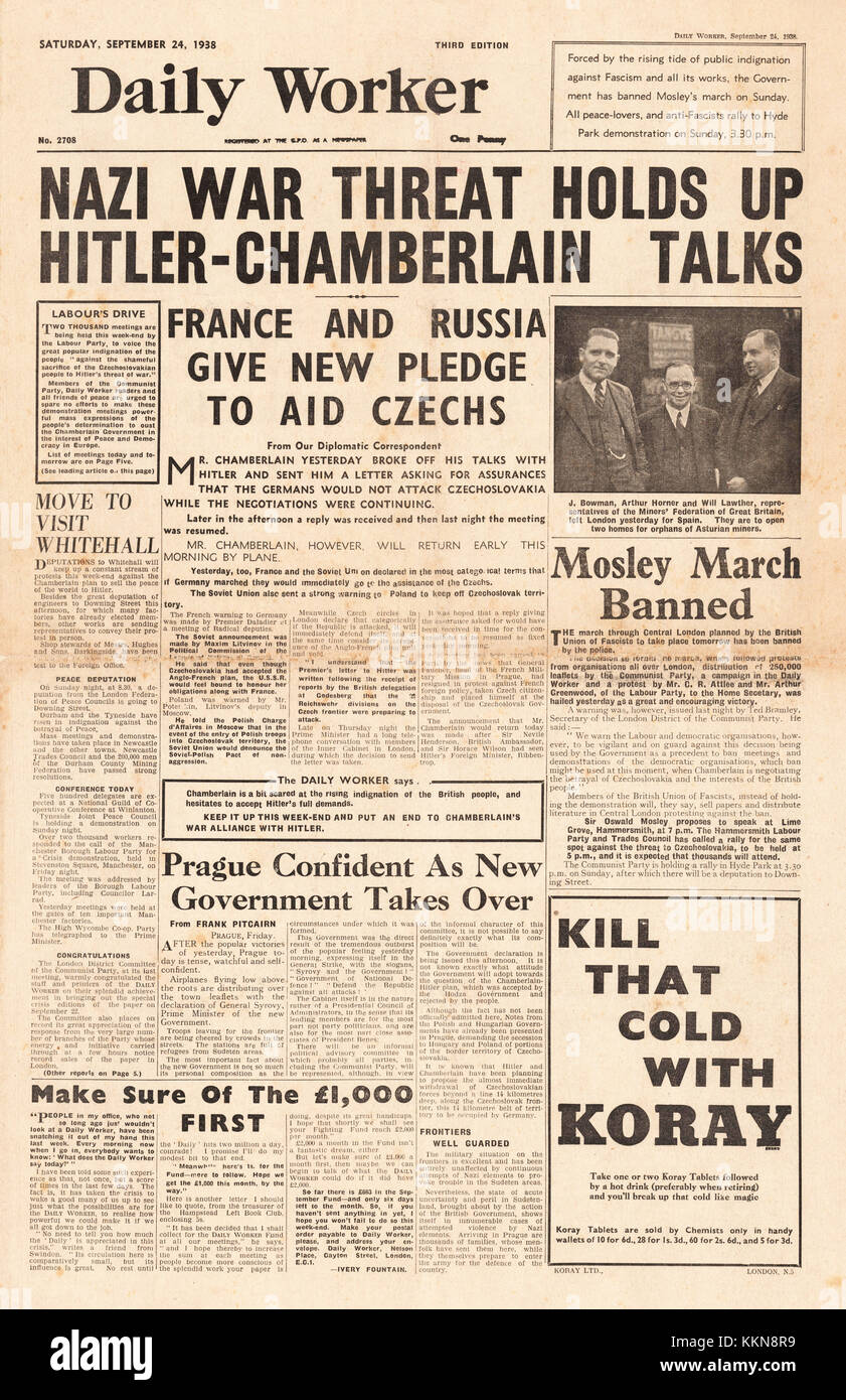 1938 Daily Worker front page reporting British Prime Minister Neville Chamberlain's peace talks with Adolf Hitler Stock Photo