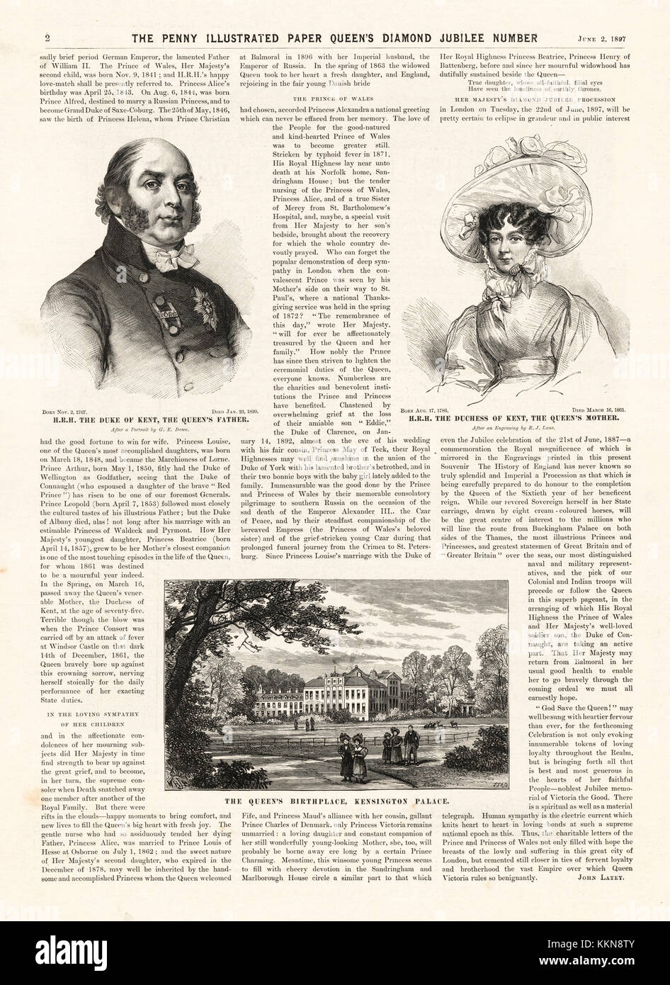 1897 Penny Illustrated Paper HRH Duke &Duchess of Kent, Parents of Queen Victoria, and Kensington Palace Stock Photo