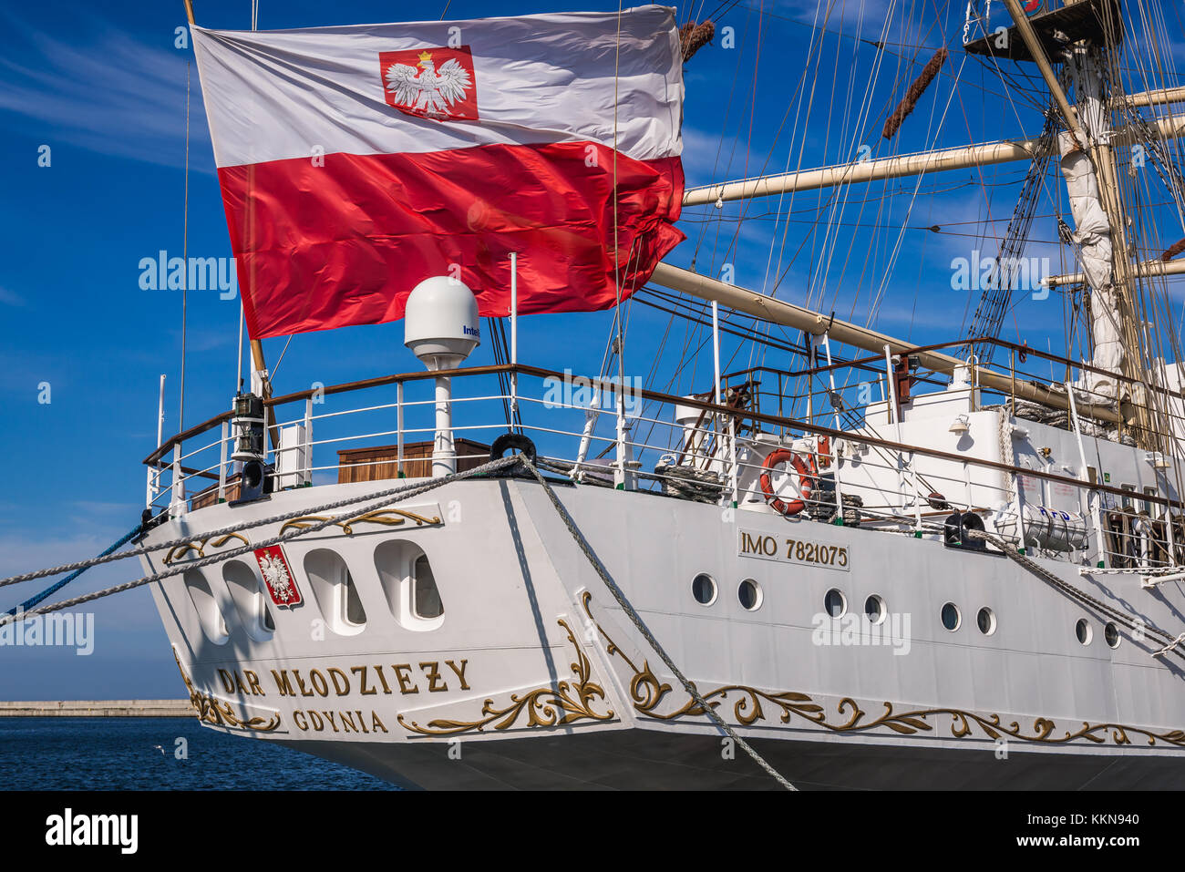 Sail training ship Dar Mlodziezy (Gift of the Youth) in Port of Gdynia city, Pomeranian Voivodeship of Poland Stock Photo