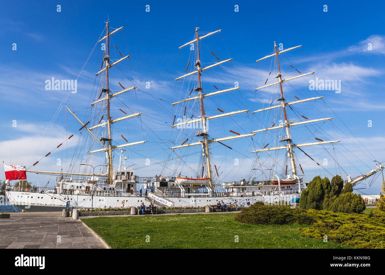 Sail training ship Dar Mlodziezy (Gift of the Youth) in Port of Gdynia city, Pomeranian Voivodeship of Poland Stock Photo
