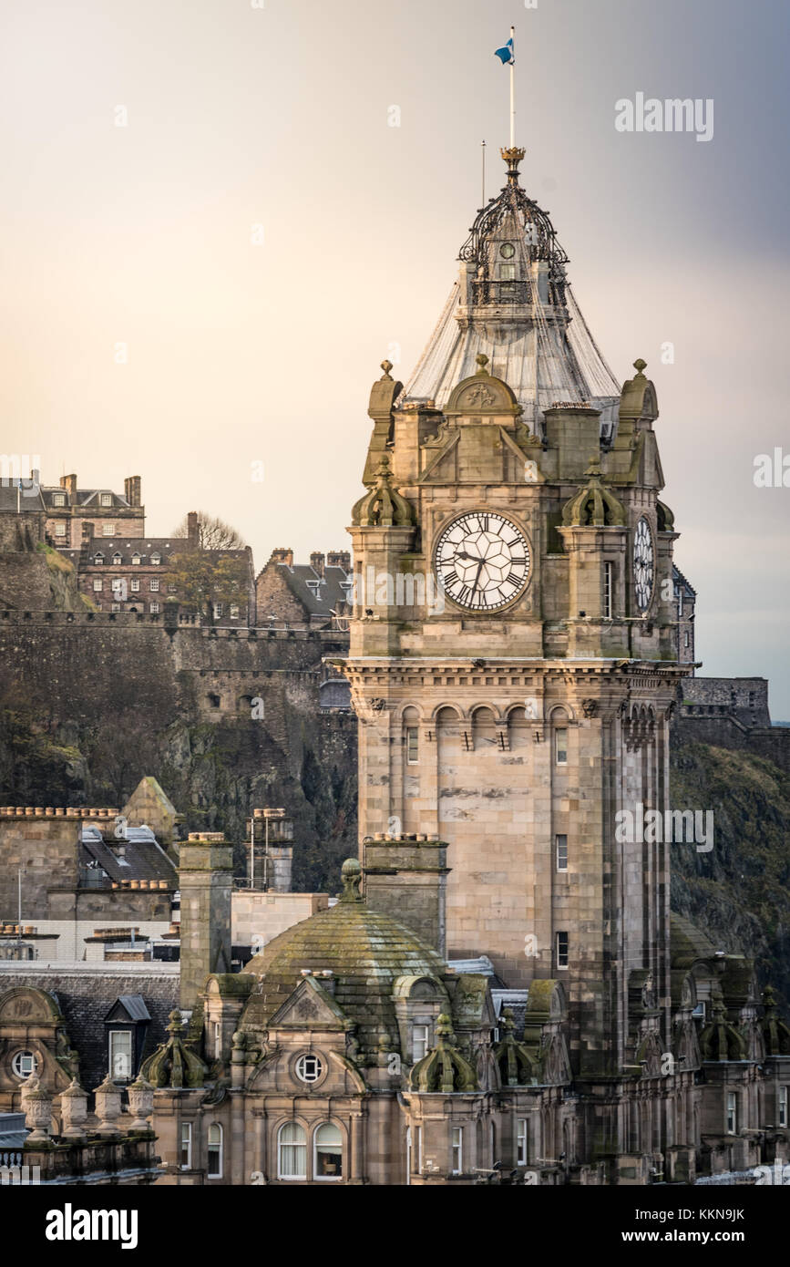 Edinburgh clock tower view from Carlton Hill at Castle and hotel Stock