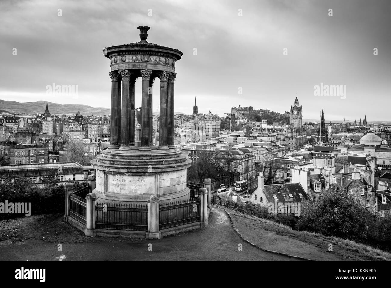 Dugald Stewart Monument in Edinburgh, view form carlton hill. Black and white Stock Photo