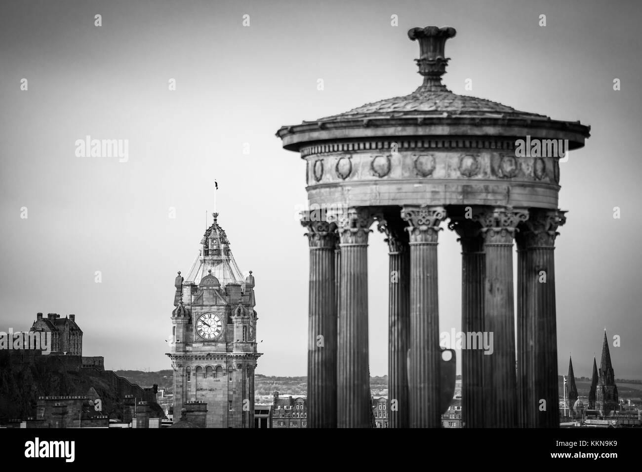 Dugald Stewart Monument in Edinburgh, view form carlton hill. Black and white Stock Photo