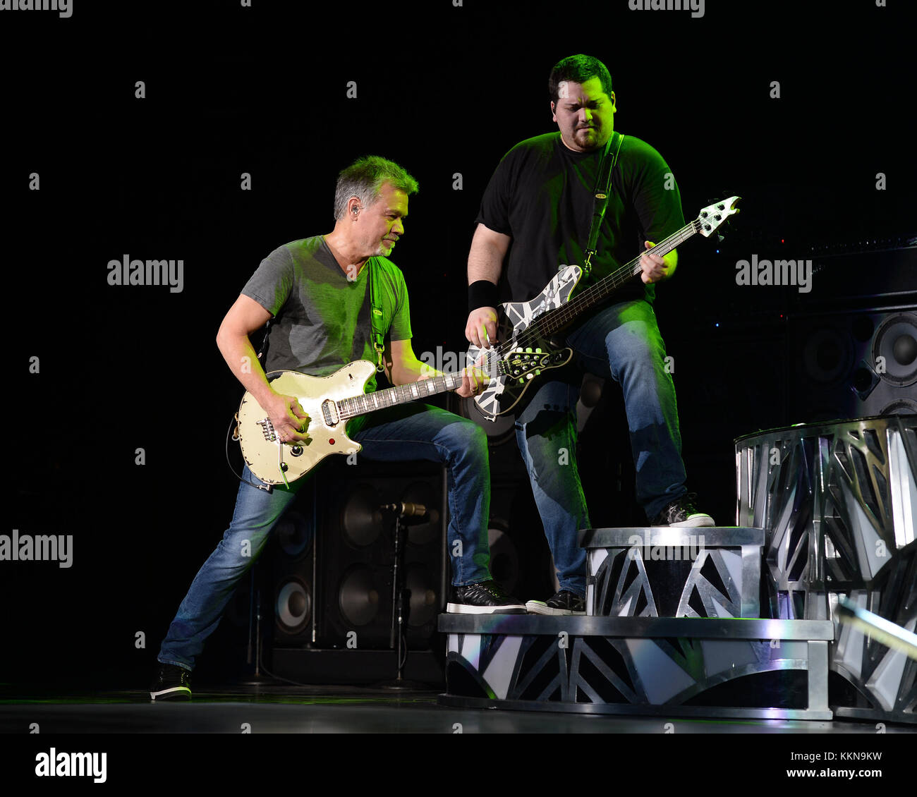 WEST PALM BEACH, FL - SEPTEMBER 15: Eddie Van Halen, Wolfgang Van Halen of Van Halen performs at The Perfect Vodka Amphitheater on September 15, 2015 in West Palm Beach Florida   People:  Eddie Van Halen, Wolfgang Van Halen Stock Photo