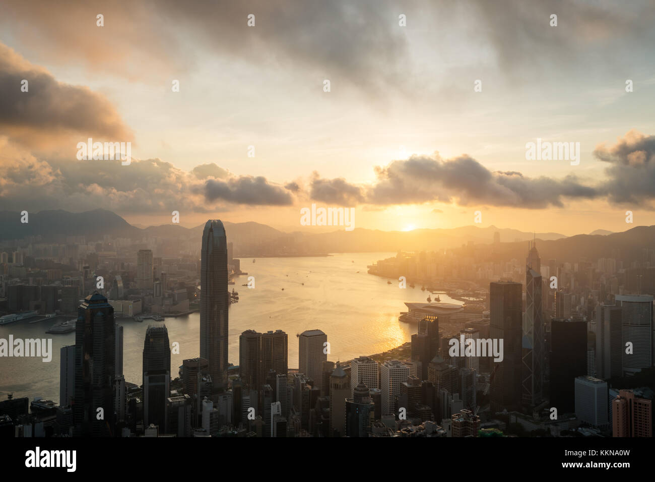 Sunrise over Hong Kong Victoria Harbor from Victoria Peak with Hong