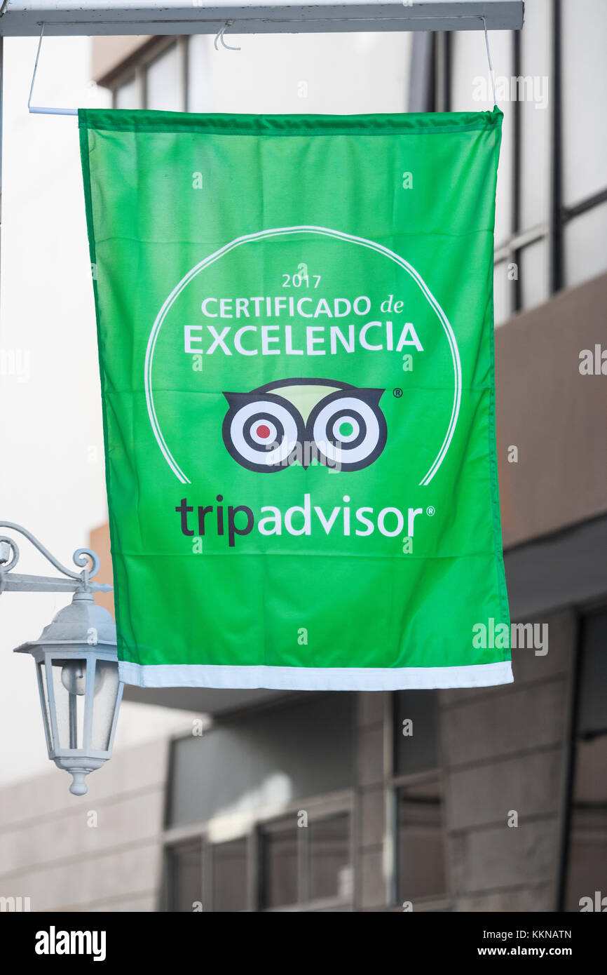 Tripadvisor certificate of excellence flag outside Italian restaurant in The Canary Islands, Spain Stock Photo