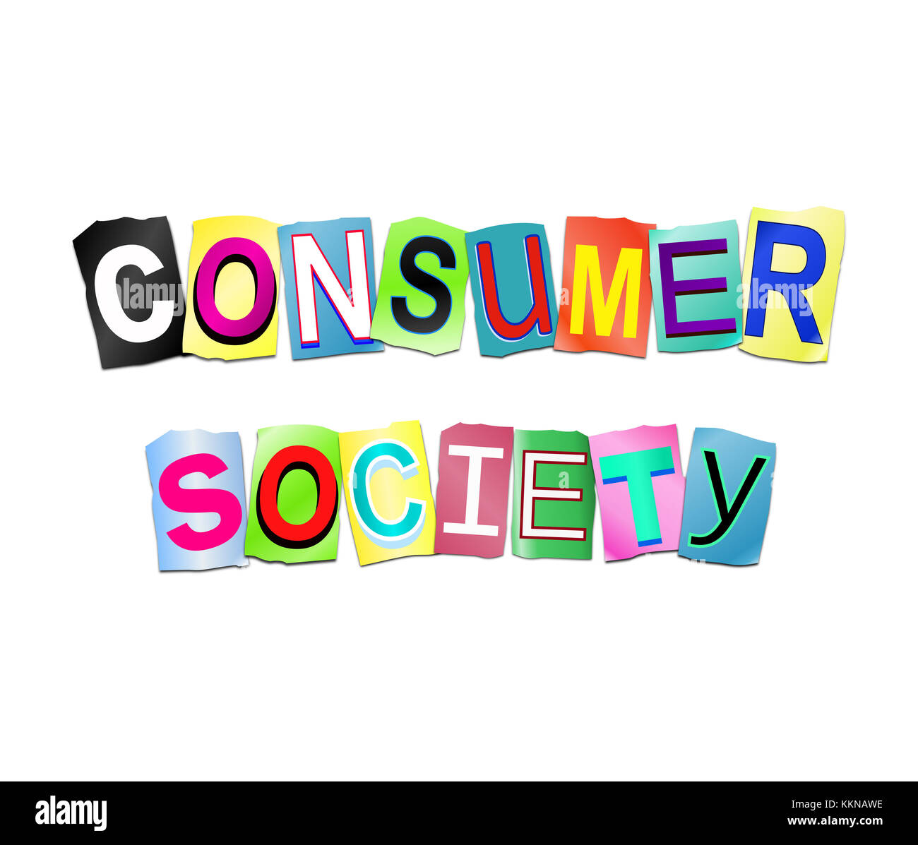 3d Illustration depicting a set of cut out printed letters arranged to form the words consumer society. Stock Photo