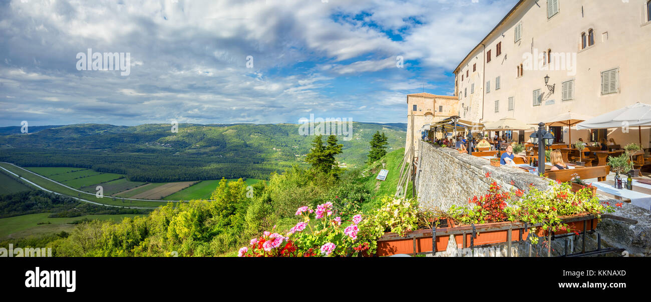 Panoramic landscape with cafe from town wall of Motovun. Croatia Stock Photo