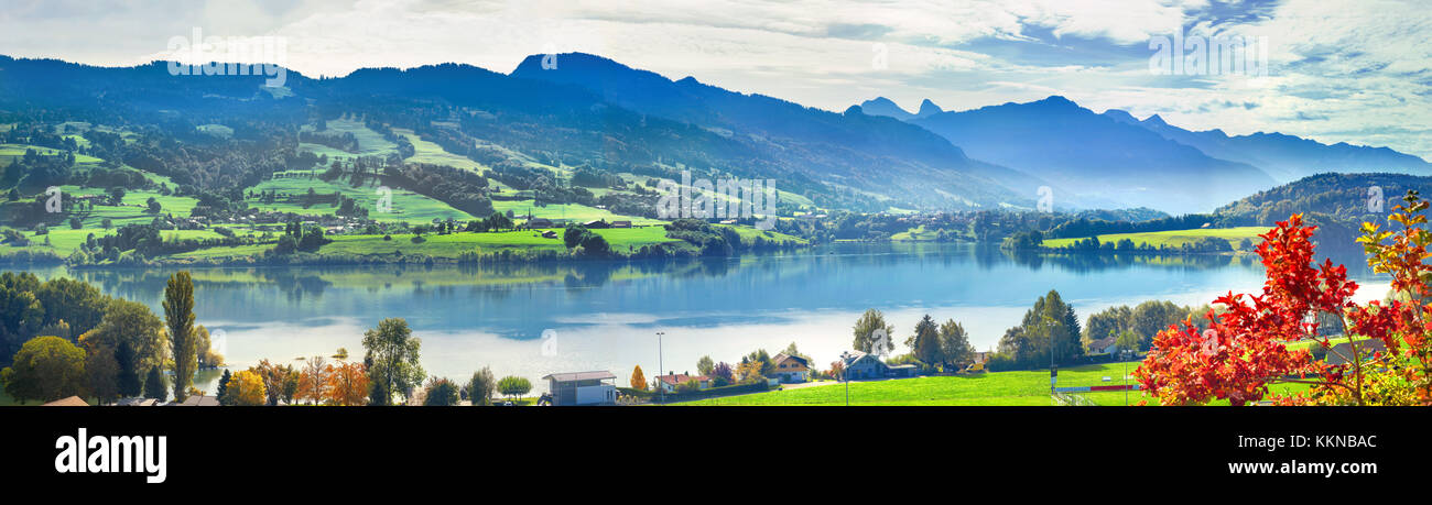 Panoramic landscape of lake Gruyere in Switzerland. Canton Fribourg, Switzerland Stock Photo
