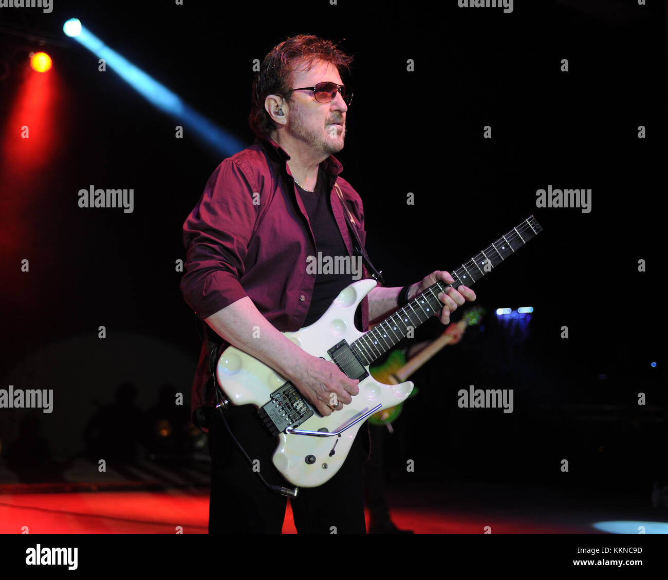 POMPANO BEACH, FL - AUGUST 15: Eric Bloom, Jules Radino and Donald "Buck Dharma" Roeser of Blue Oyster Cult perform at the Pompano Beach Ampitheatre on August 15, 2015 in Pompano Beach Florida.   People:  Donald Roeser, Buck Dharma Stock Photo