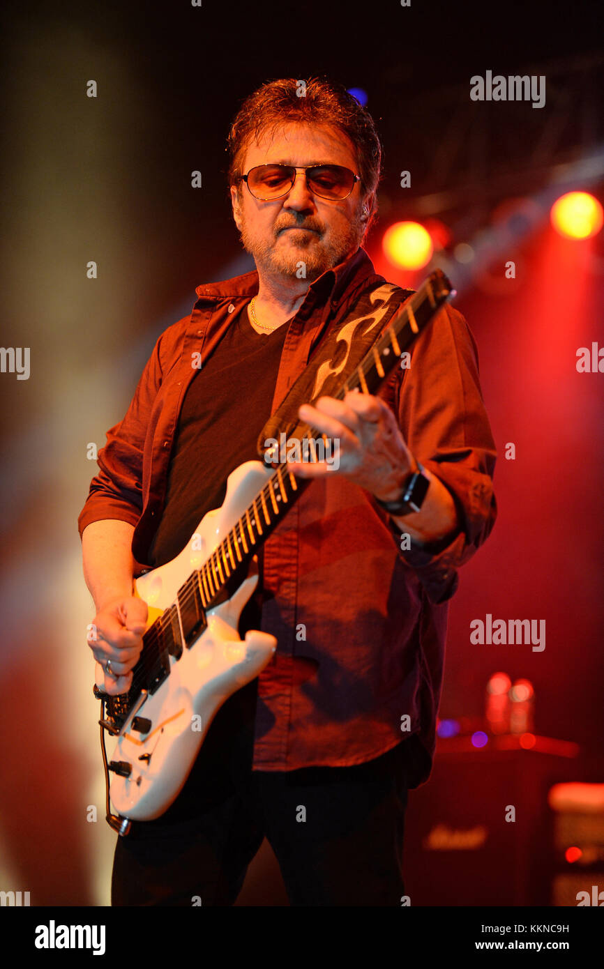 POMPANO BEACH, FL - AUGUST 15: Eric Bloom, Jules Radino and Donald 'Buck Dharma' Roeser of Blue Oyster Cult perform at the Pompano Beach Ampitheatre on August 15, 2015 in Pompano Beach Florida.   People:  Donald Roeser, Buck Dharma Stock Photo