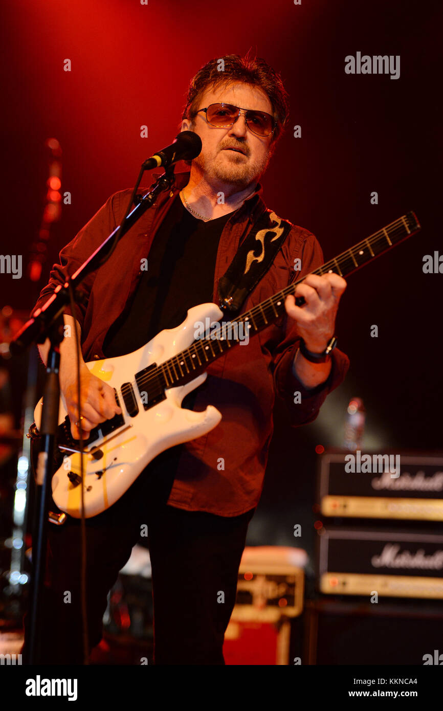 POMPANO BEACH, FL - AUGUST 15: Eric Bloom, Jules Radino and Donald 'Buck Dharma' Roeser of Blue Oyster Cult perform at the Pompano Beach Ampitheatre on August 15, 2015 in Pompano Beach Florida.   People:  Donald Roeser, Buck Dharma Stock Photo