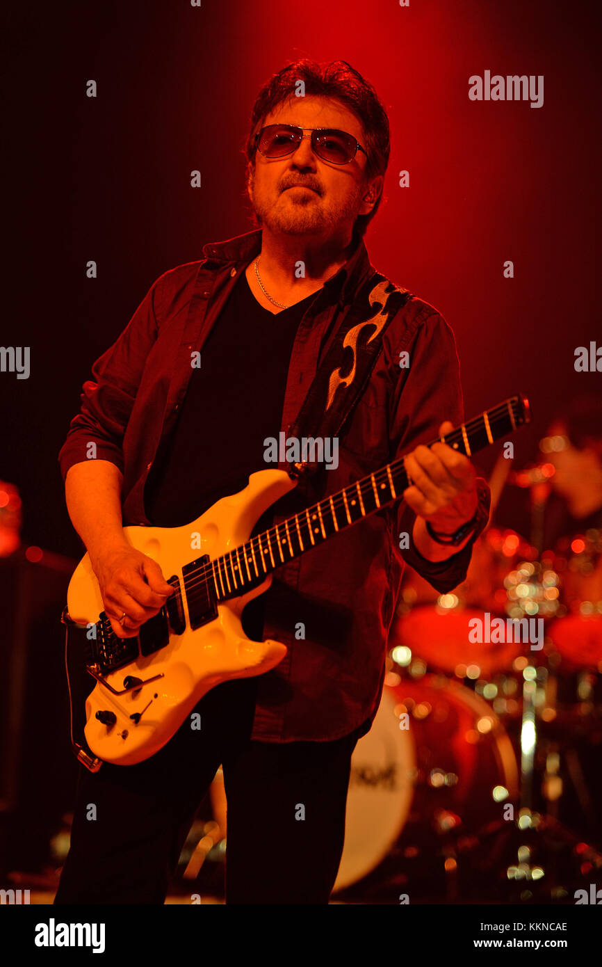 POMPANO BEACH, FL - AUGUST 15: Eric Bloom, Jules Radino and Donald 'Buck Dharma' Roeser of Blue Oyster Cult perform at the Pompano Beach Ampitheatre on August 15, 2015 in Pompano Beach Florida.   People:  Donald Roeser, Buck Dharma Stock Photo