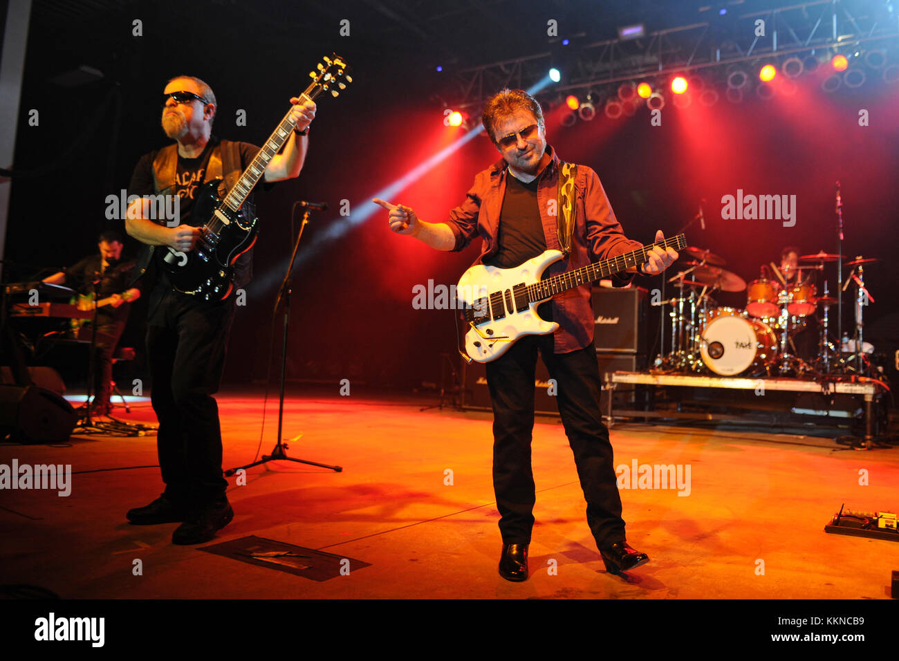 POMPANO BEACH, FL - AUGUST 15: Eric Bloom, Jules Radino and Donald 'Buck Dharma' Roeser of Blue Oyster Cult perform at the Pompano Beach Ampitheatre on August 15, 2015 in Pompano Beach Florida.   People:  Eric Bloom, Jules Radino, Donald Roeser Stock Photo