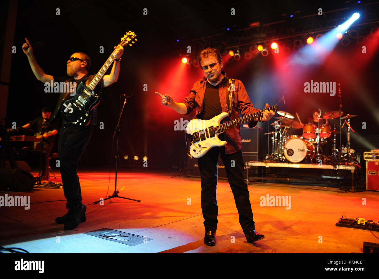 POMPANO BEACH, FL - AUGUST 15: Eric Bloom, Jules Radino and Donald 'Buck Dharma' Roeser of Blue Oyster Cult perform at the Pompano Beach Ampitheatre on August 15, 2015 in Pompano Beach Florida.   People:  Eric Bloom, Jules Radino, Donald Roeser Stock Photo