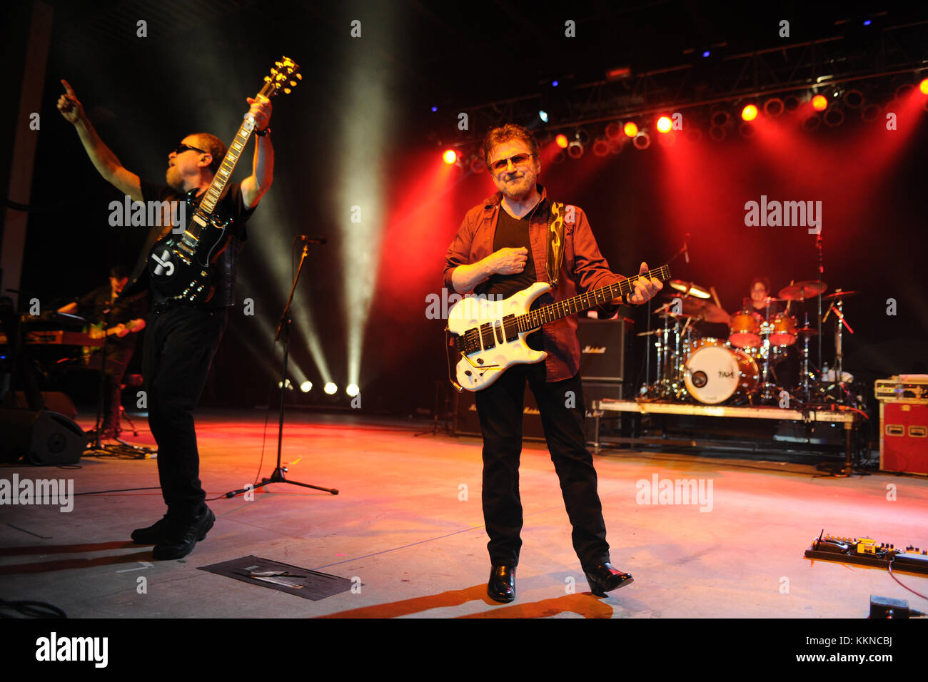 POMPANO BEACH, FL - AUGUST 15: Eric Bloom, Jules Radino and Donald 'Buck Dharma' Roeser of Blue Oyster Cult perform at the Pompano Beach Ampitheatre on August 15, 2015 in Pompano Beach Florida.   People:  Eric Bloom, Jules Radino, Donald Roeser Stock Photo