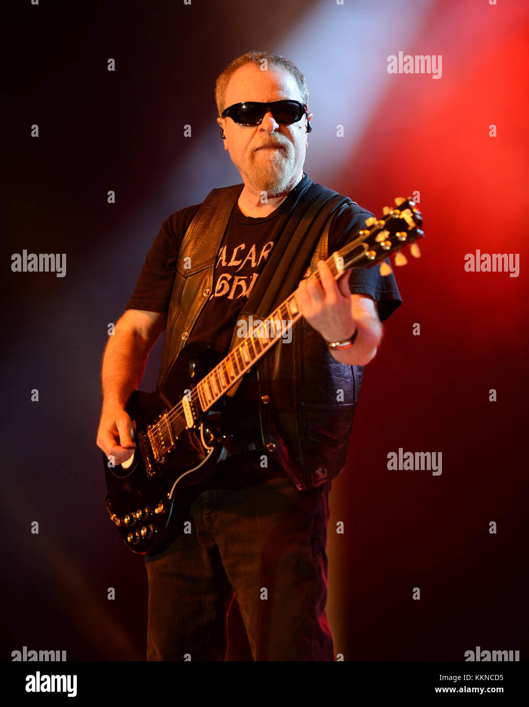 POMPANO BEACH, FL - AUGUST 15: Eric Bloom, Jules Radino and Donald 'Buck Dharma' Roeser of Blue Oyster Cult perform at the Pompano Beach Ampitheatre on August 15, 2015 in Pompano Beach Florida.   People:  Eric Bloom Stock Photo