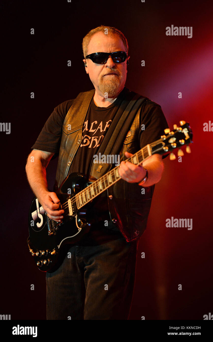 POMPANO BEACH, FL - AUGUST 15: Eric Bloom, Jules Radino and Donald 'Buck Dharma' Roeser of Blue Oyster Cult perform at the Pompano Beach Ampitheatre on August 15, 2015 in Pompano Beach Florida.   People:  Eric Bloom Stock Photo