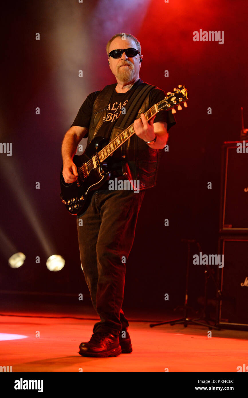 POMPANO BEACH, FL - AUGUST 15: Eric Bloom, Jules Radino and Donald 'Buck Dharma' Roeser of Blue Oyster Cult perform at the Pompano Beach Ampitheatre on August 15, 2015 in Pompano Beach Florida.   People:  Eric Bloom Stock Photo