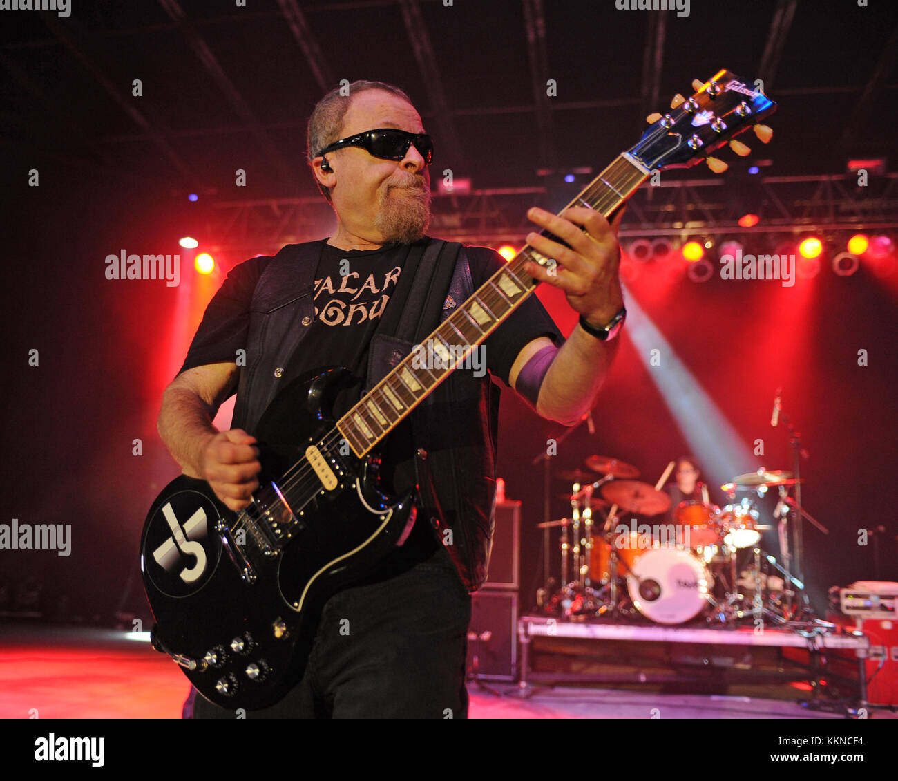 POMPANO BEACH, FL - AUGUST 15: Eric Bloom, Jules Radino and Donald 'Buck Dharma' Roeser of Blue Oyster Cult perform at the Pompano Beach Ampitheatre on August 15, 2015 in Pompano Beach Florida.   People:  Eric Bloom Stock Photo