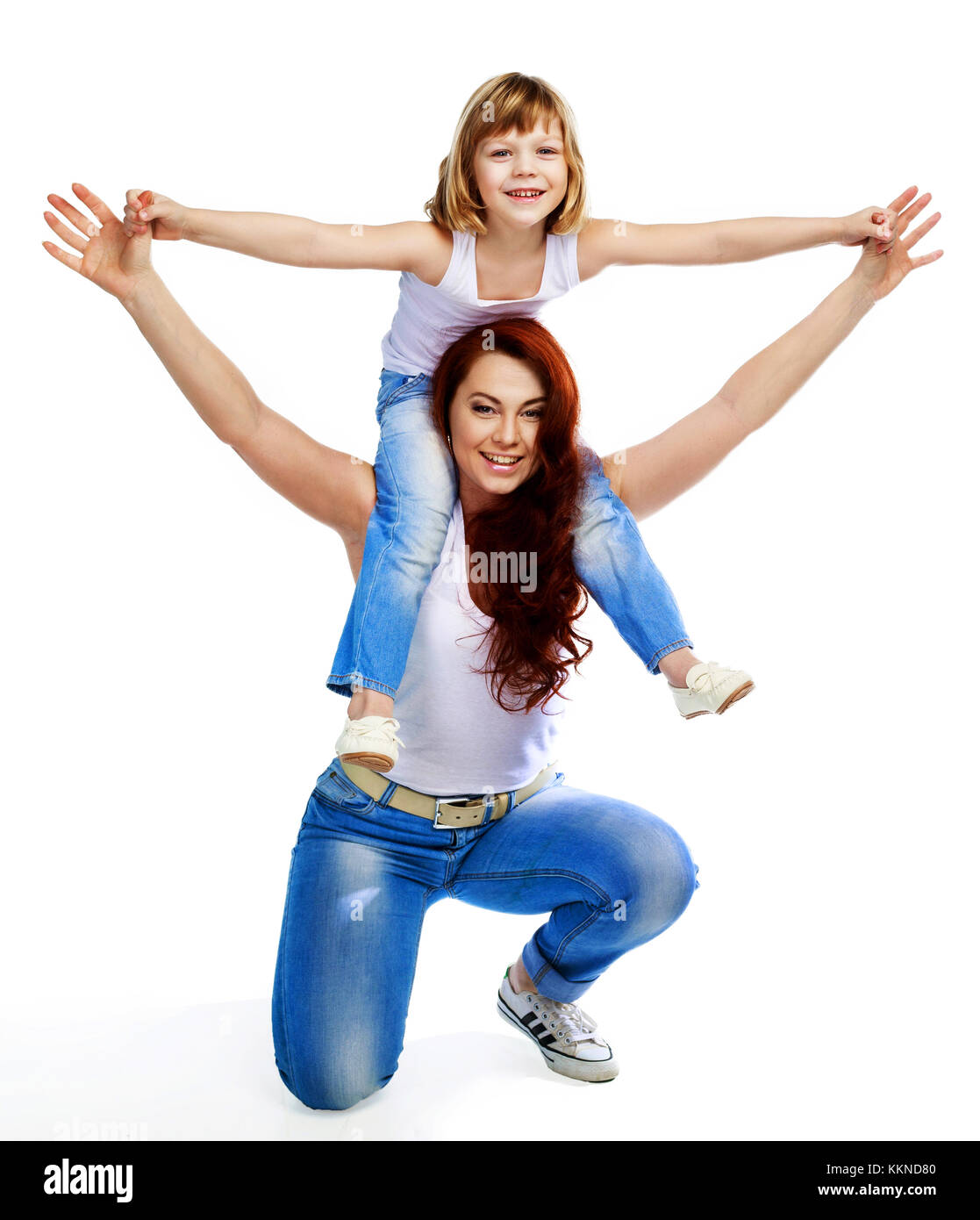 happy mother and her son isolated against white studio background Stock Photo