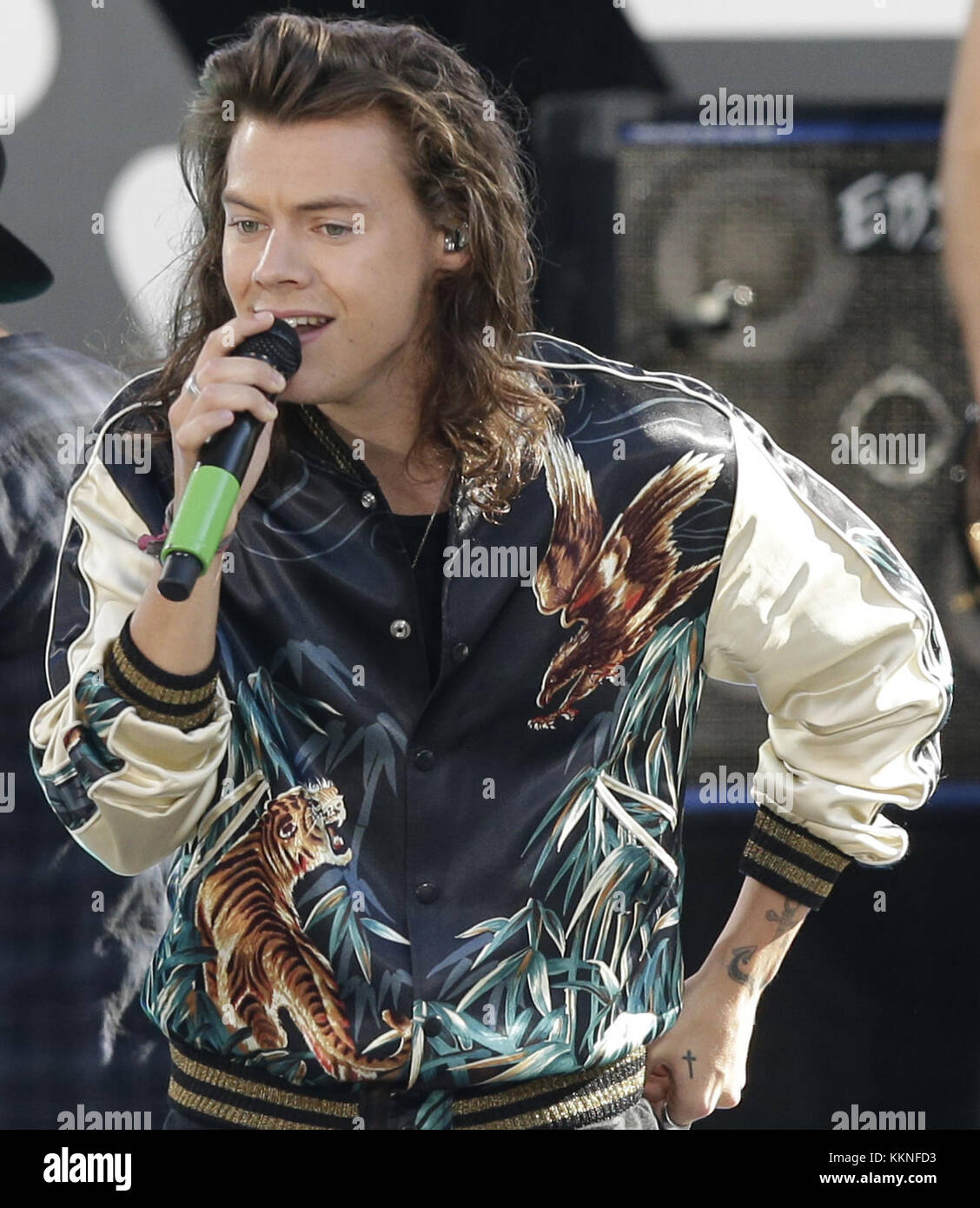NEW YORK, NY - AUGUST 04: Harry Styles, Liam Payne, Niall Horan and Louis  Tomlinson of One Direction pose onstage during ABC's 'Good Morning America'  at Rumsey Playfield, Central Park on August