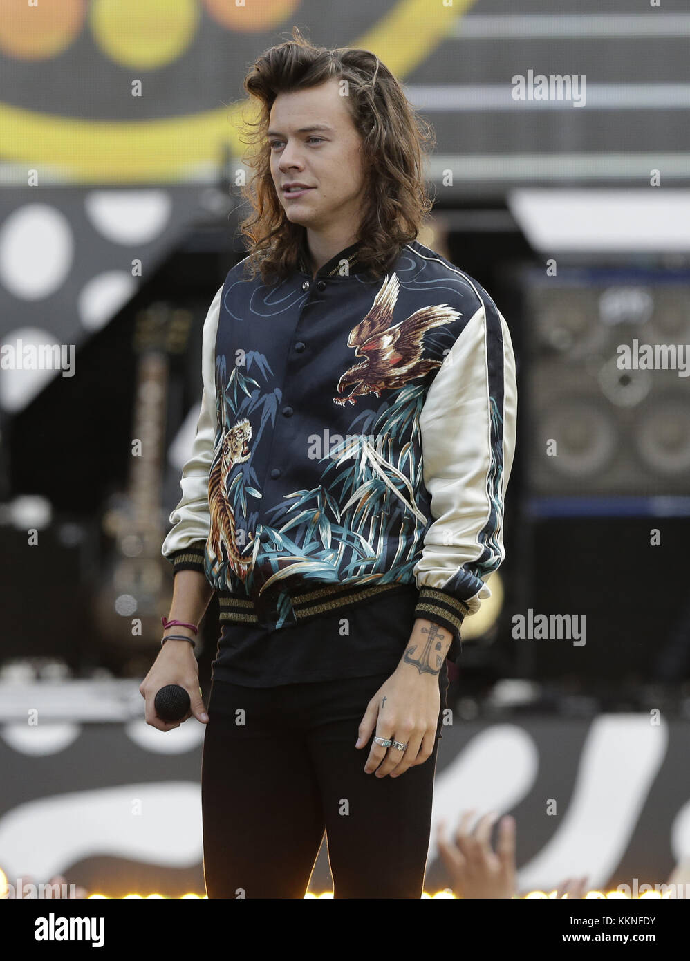 NEW YORK, NY - AUGUST 04: Harry Styles, Liam Payne, Niall Horan and Louis  Tomlinson of One Direction pose onstage during ABC's 'Good Morning America'  at Rumsey Playfield, Central Park on August