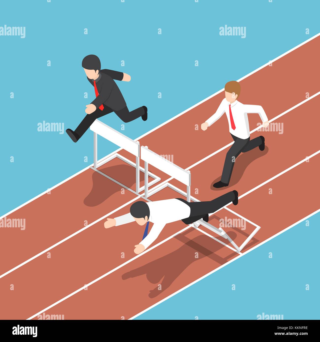 Flat 3d isometric businessman running with obstacle in hurdle race. Business competition concept. Stock Vector