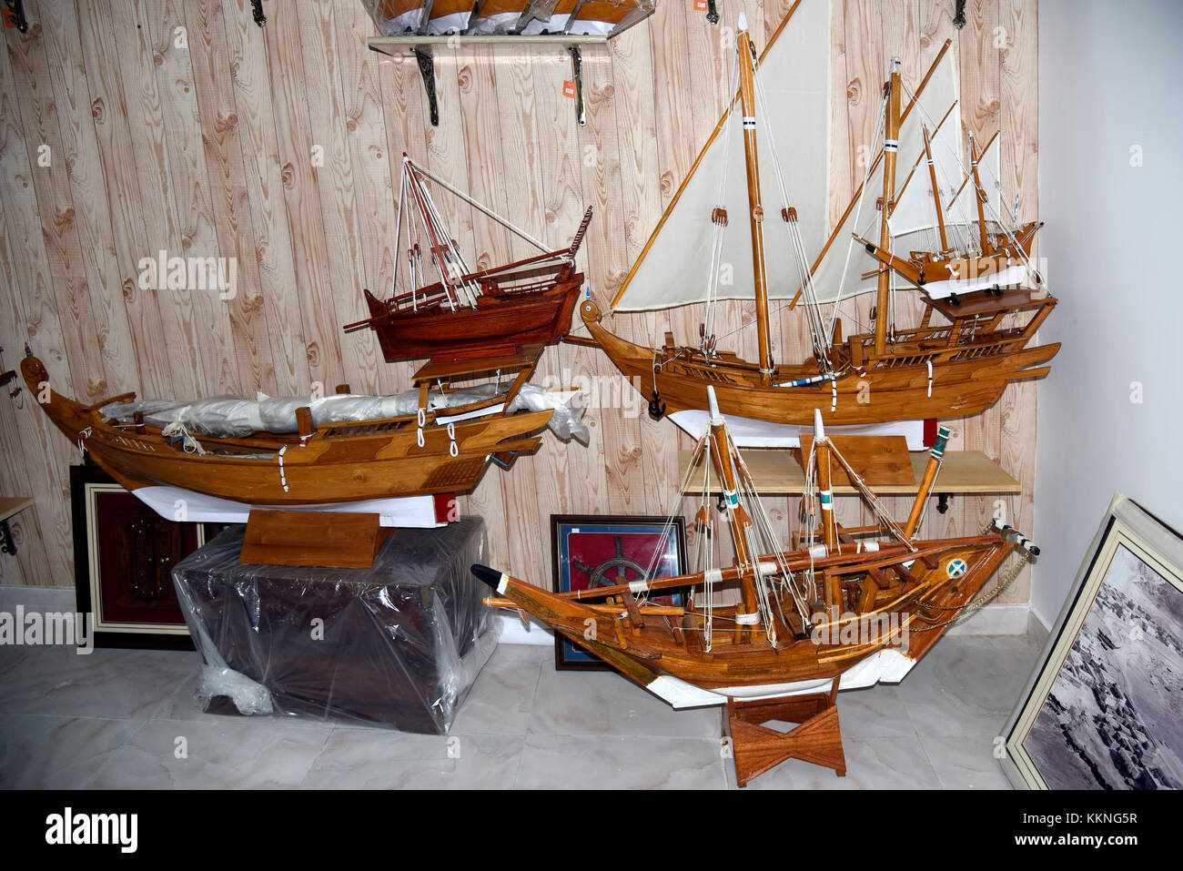 Oman Sur A crafts store with tiny models of dhows or traditional sailing vessels Stock Photo