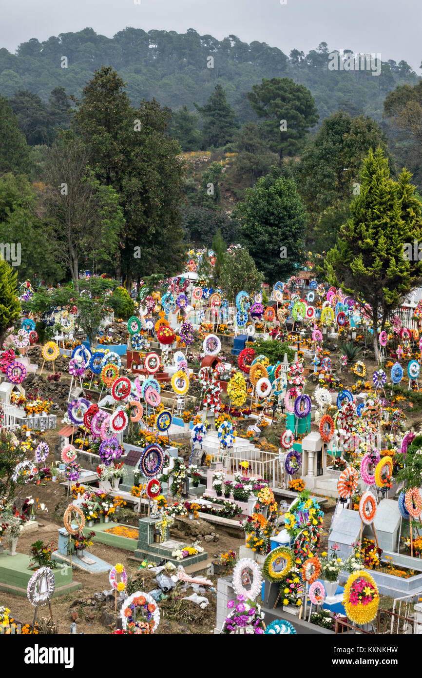 Hundreds of hillside graves decorated with flowers and wreaths for the Day of the Dead festival November 3, 2017 in Nuevo San Juan Parangaricutiro, Michoacan, Mexico. Stock Photo
