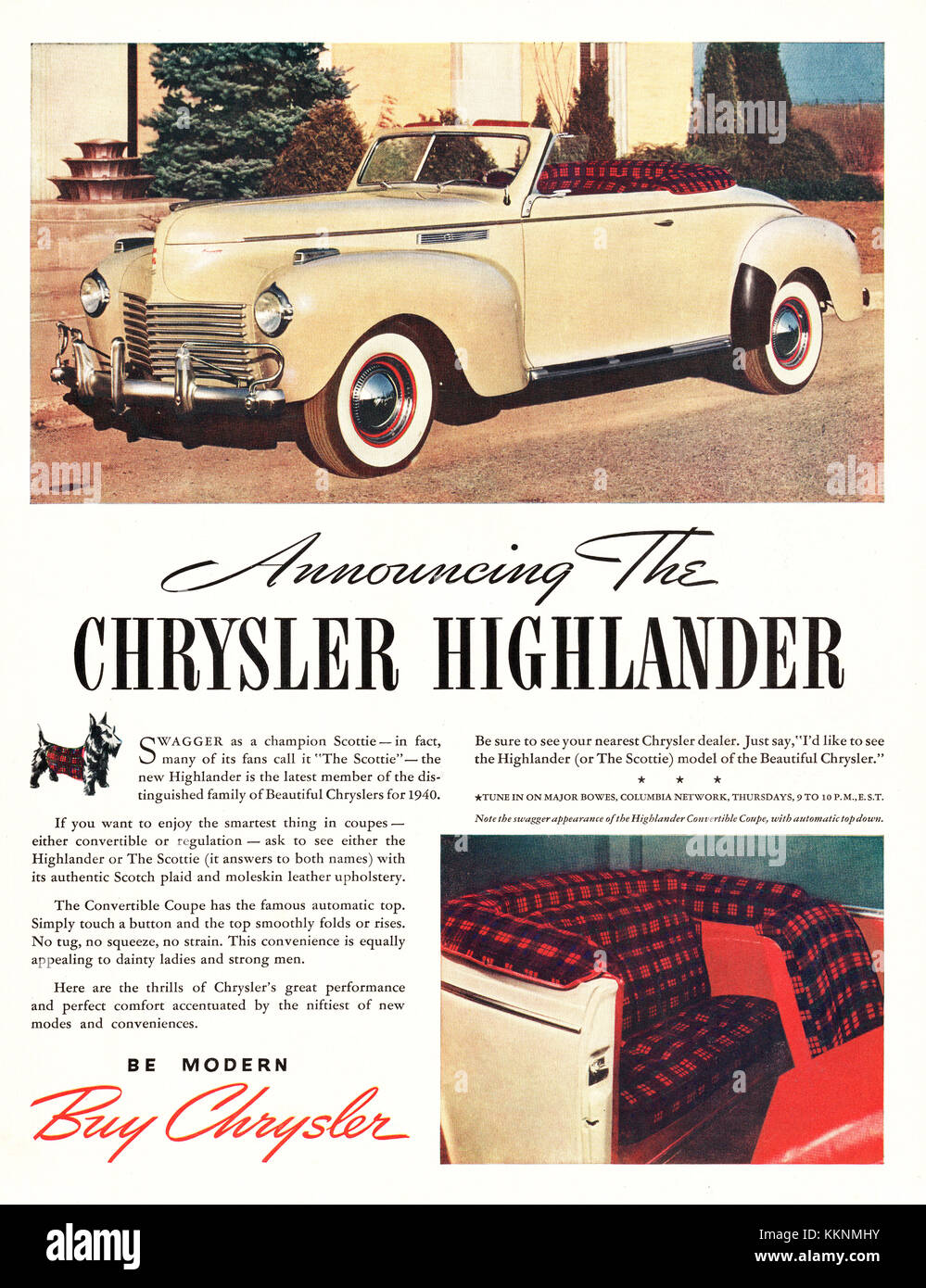 1940 U.S. Magazine Chrysler Highlander Advert Stock Photo