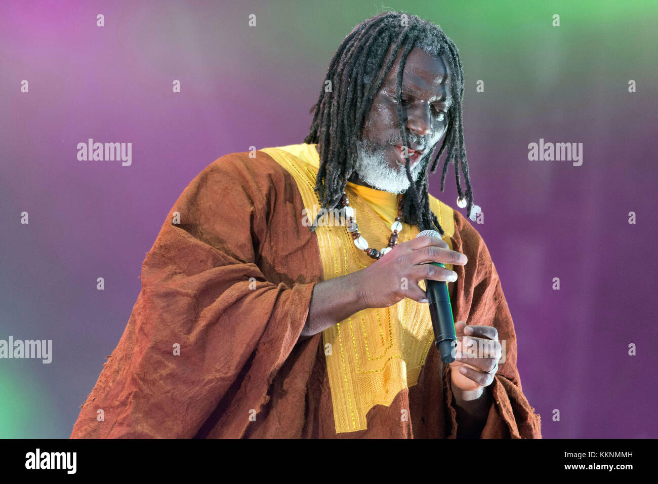 Ivorian reggae singer Tiken Jah Fakoly on stage on the occasion of the 8th edition of the Aluna Festival in Ruoms (south-eastern France), on 2015/06/1 Stock Photo