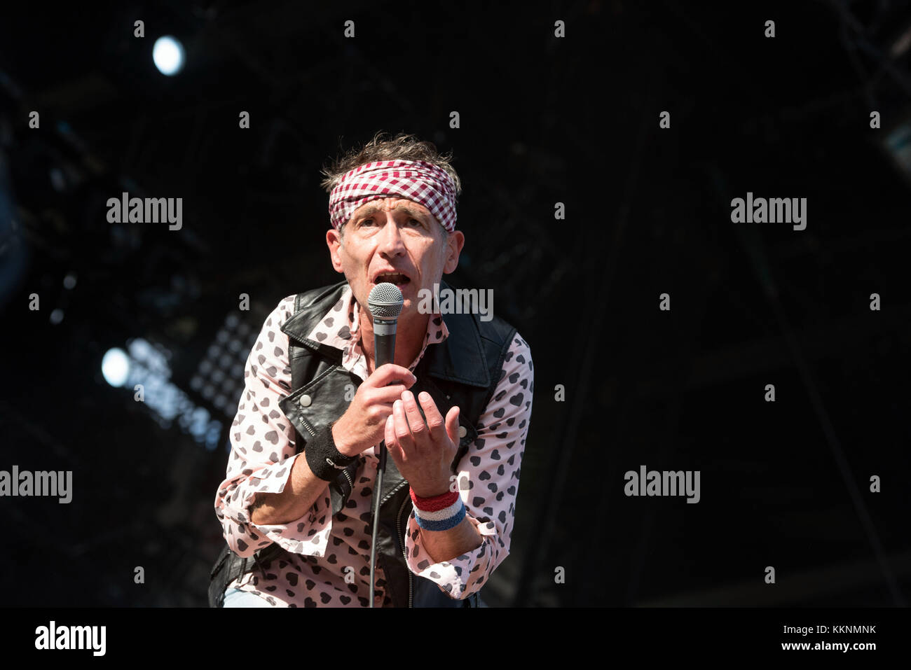 French singer and composer Didier Wampas on stage on the occasion of the 8th edition of the Aluna Festival in Ruoms (south-eastern France), on 2015/06 Stock Photo