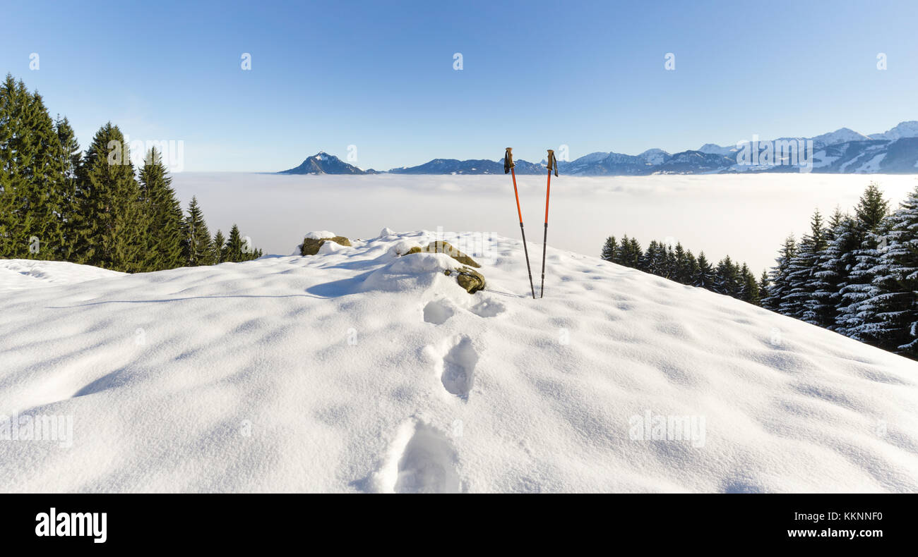 Pair of hiking sticks in snow. Sporting activity in mountains winter landscape. Allgau, Bavaria, Germany. Stock Photo