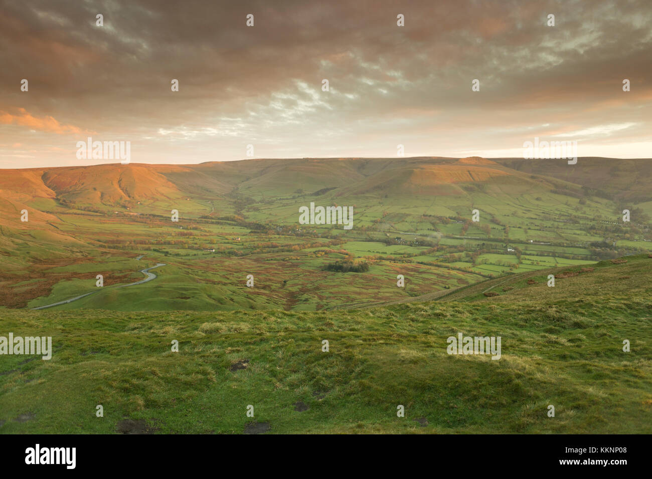 UK, Mam Tor, the view from Mam Tor towards Edale, at sunrise. Stock Photo