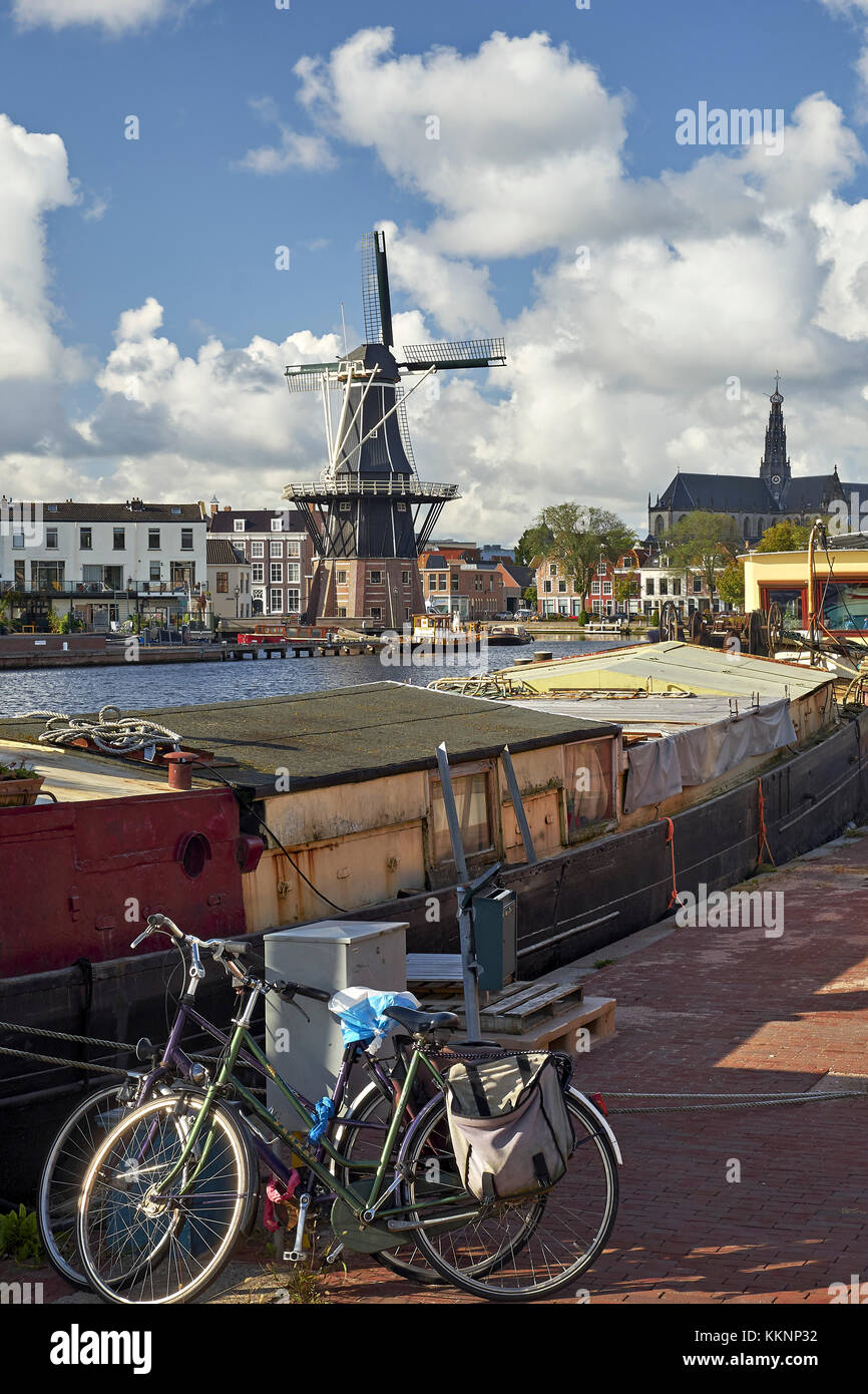 Adriaan windmill with houseboat in Haarlem, North Holland, Netherlands Stock Photo