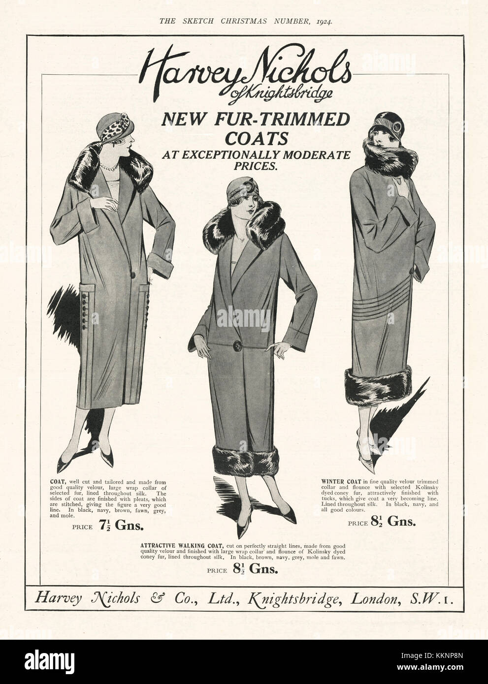 1924 UK Magazine Harvey Nichols Fur Trimmed Coats Advert Stock Photo