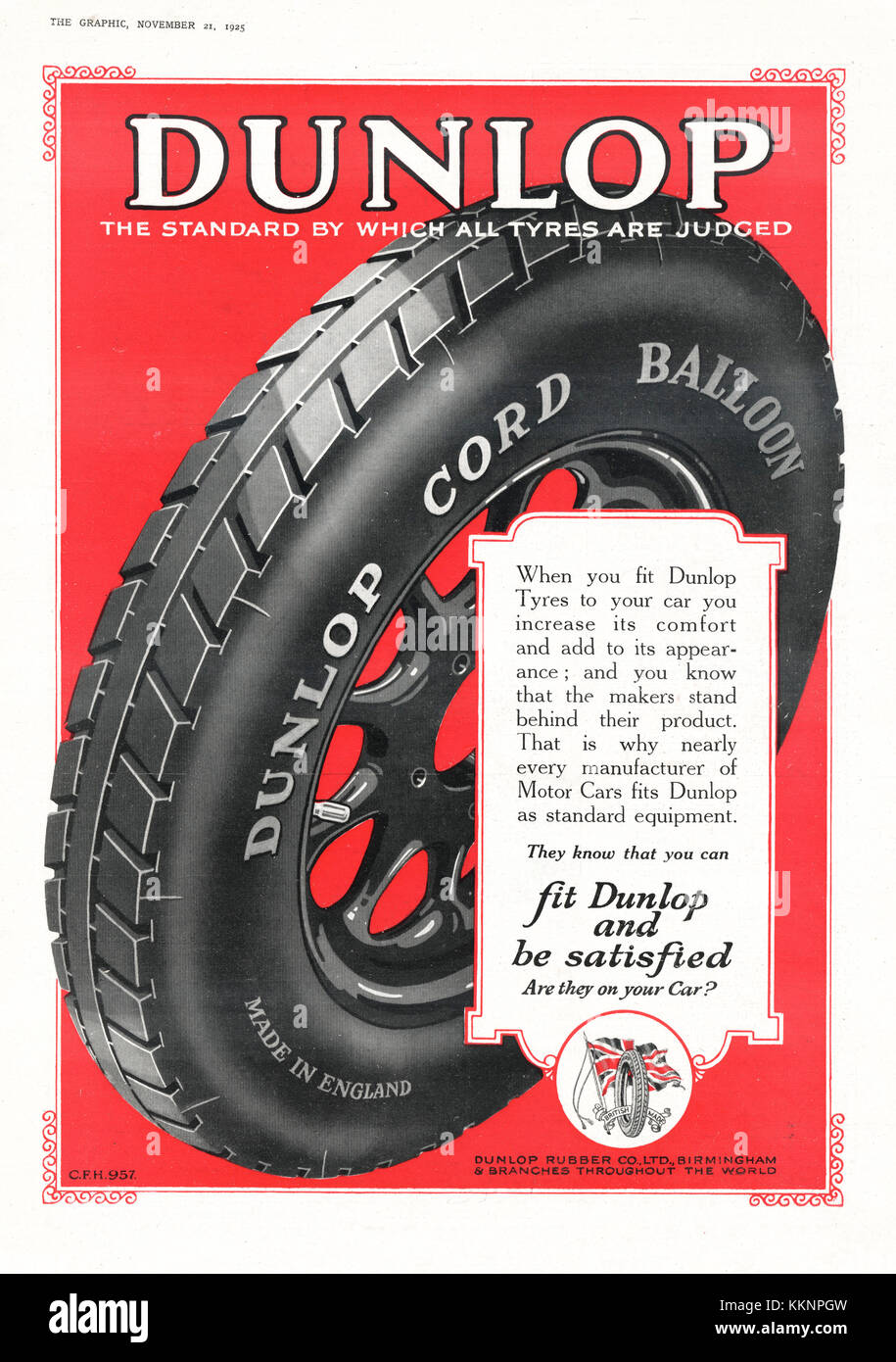 1925 UK Magazine Dunlop Tyres Advert Stock Photo