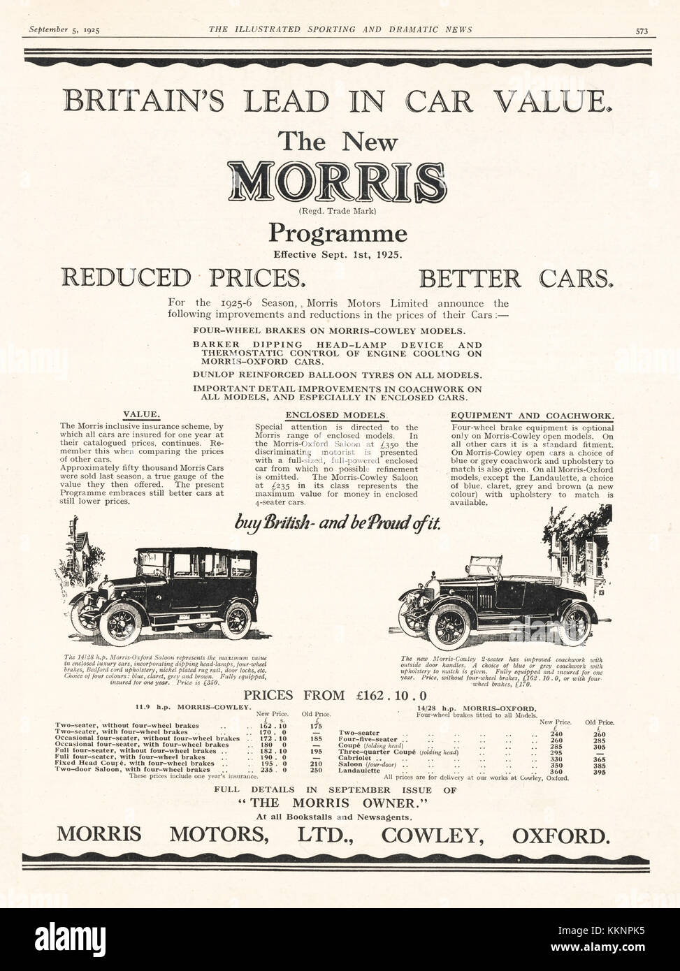 1925 UK Magazine MG Car Advert Stock Photo