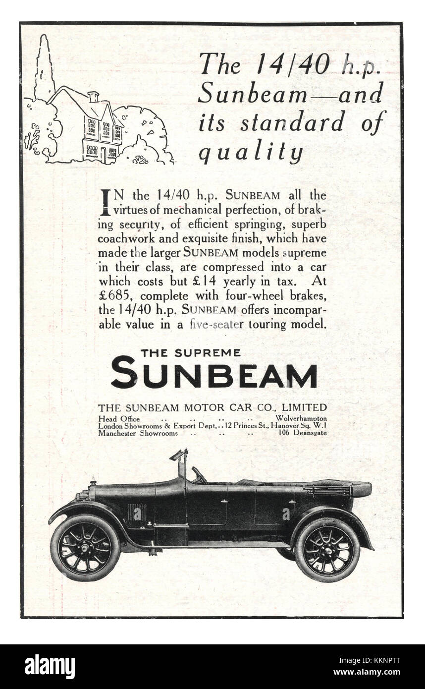 1924 UK Magazine Sunbeam Car Advert Stock Photo
