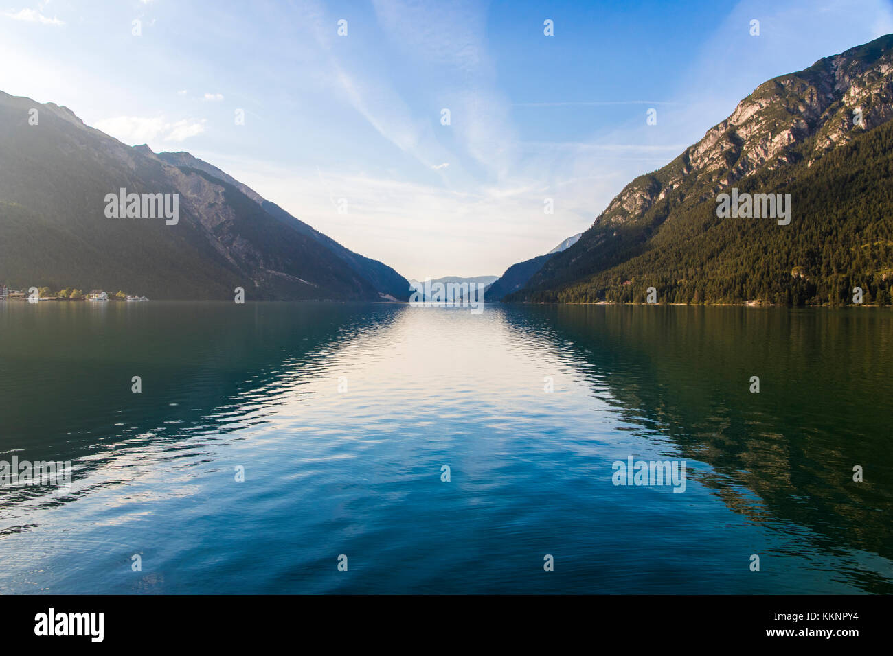 Jenbach Views at sunset of Lake Achen (Achensee), a lake north of Jenbach in ...