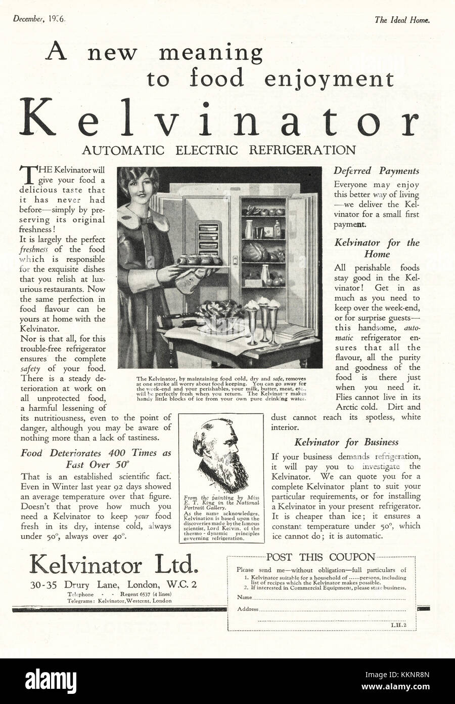 1926 UK Magazine Kelvinator Fridge Advert Stock Photo