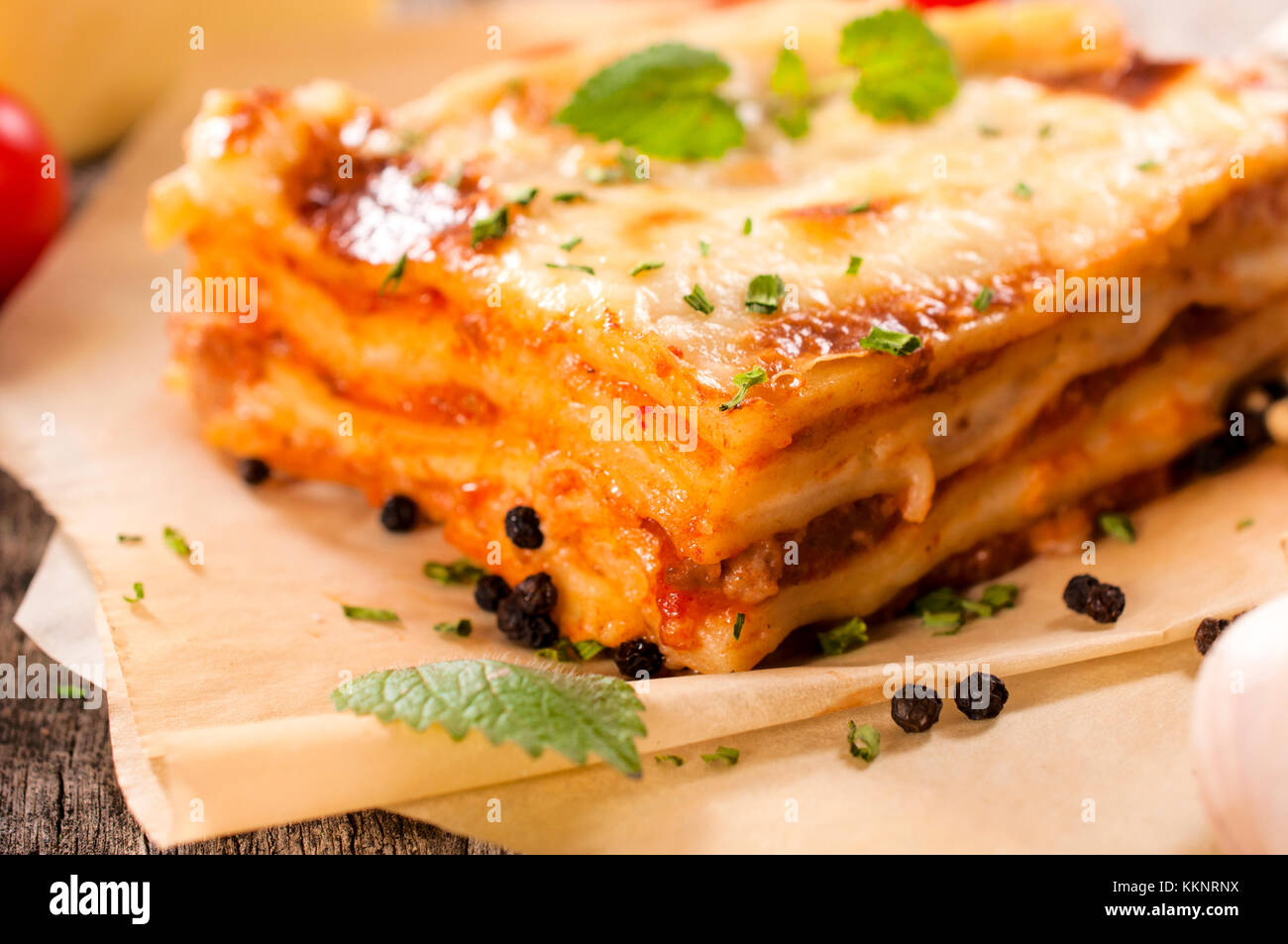 Juicy homemade lasagna with beef meat.Selective focus in the middle of lasagna Stock Photo