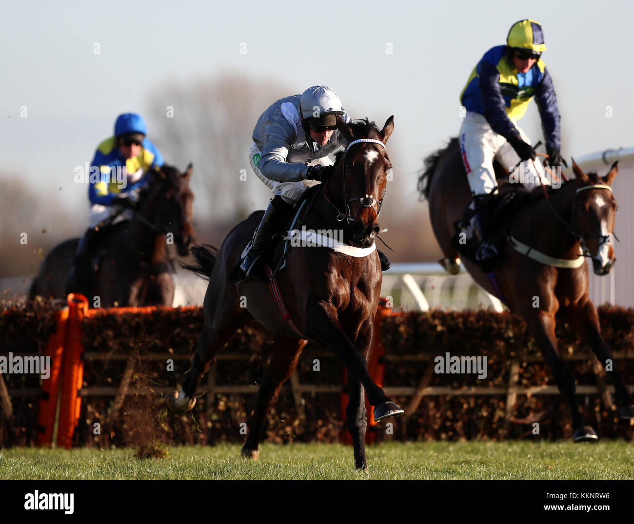 Santini ridden by Nico de Boinville before winning the Ladbrokes Novices' Hurdle during day one of the The Ladbrokes Winter Carnival at Newbury Racecourse. Stock Photo