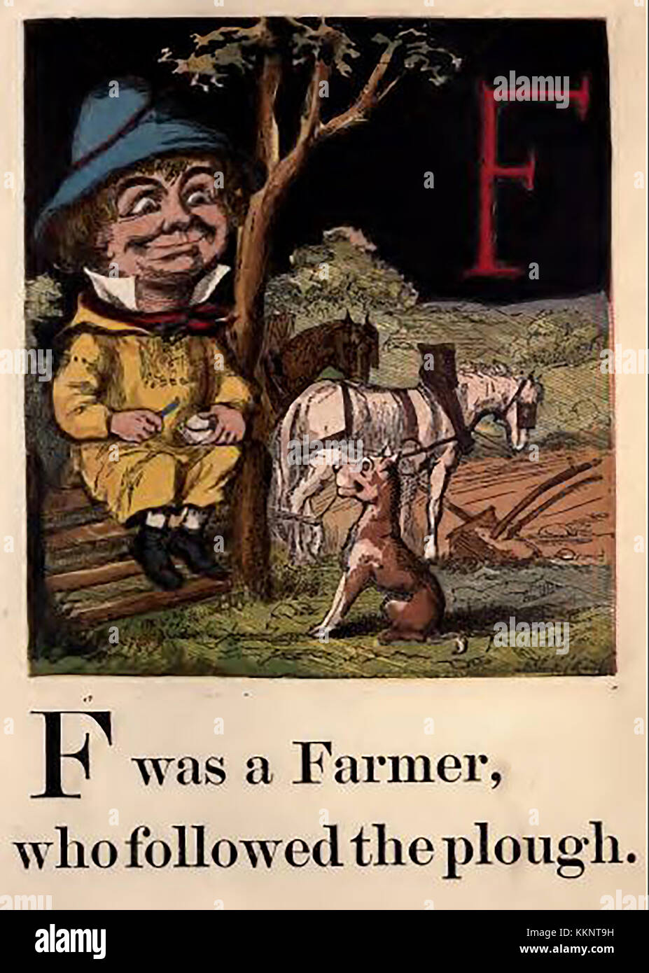 An historic  coloured Victorian children's ABC book illustration - F for Farmer (ordinary farmer with his horses and a dog. Stock Photo