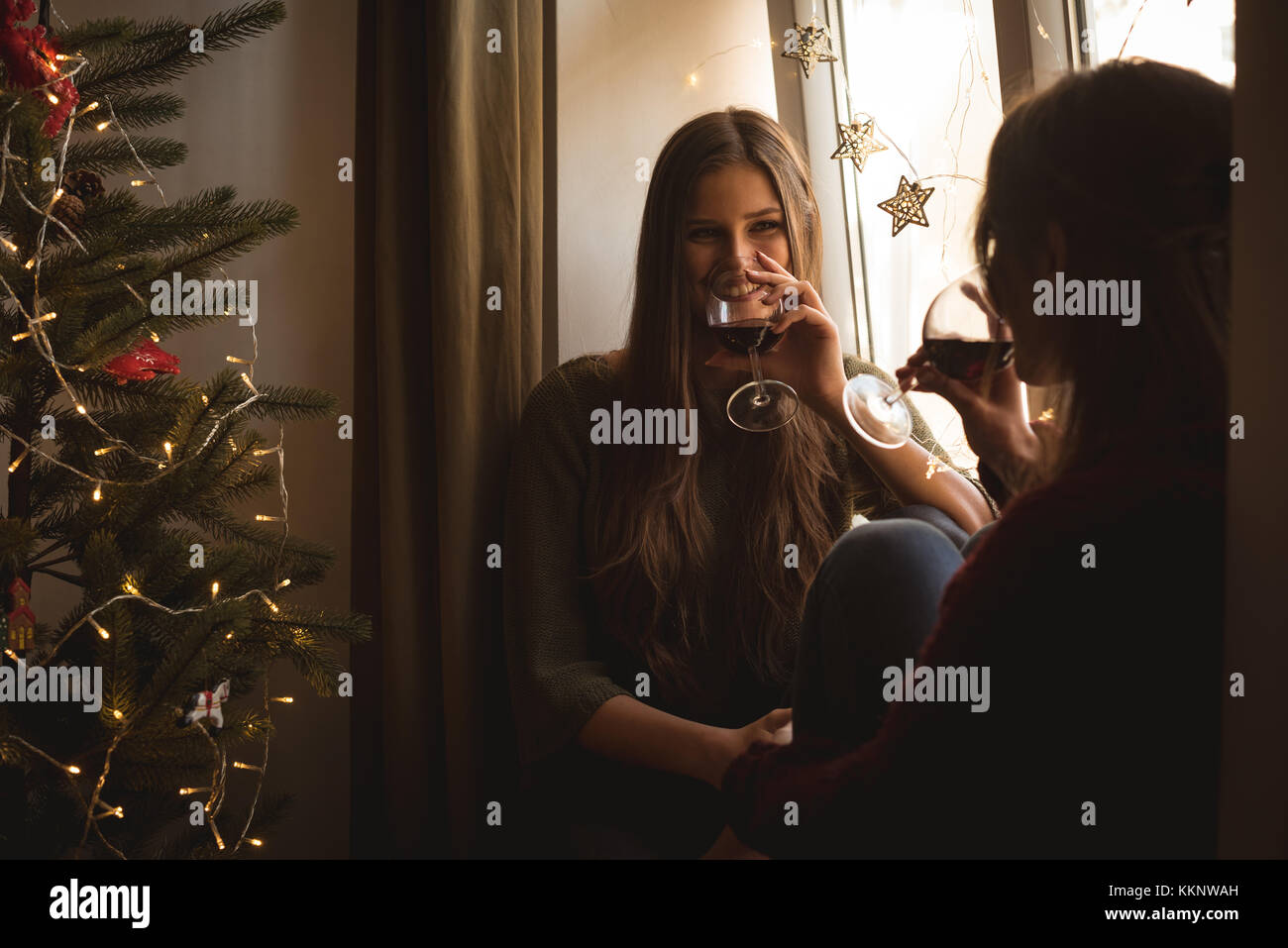 Friends having glass of red wine at home during christmas Stock Photo ...